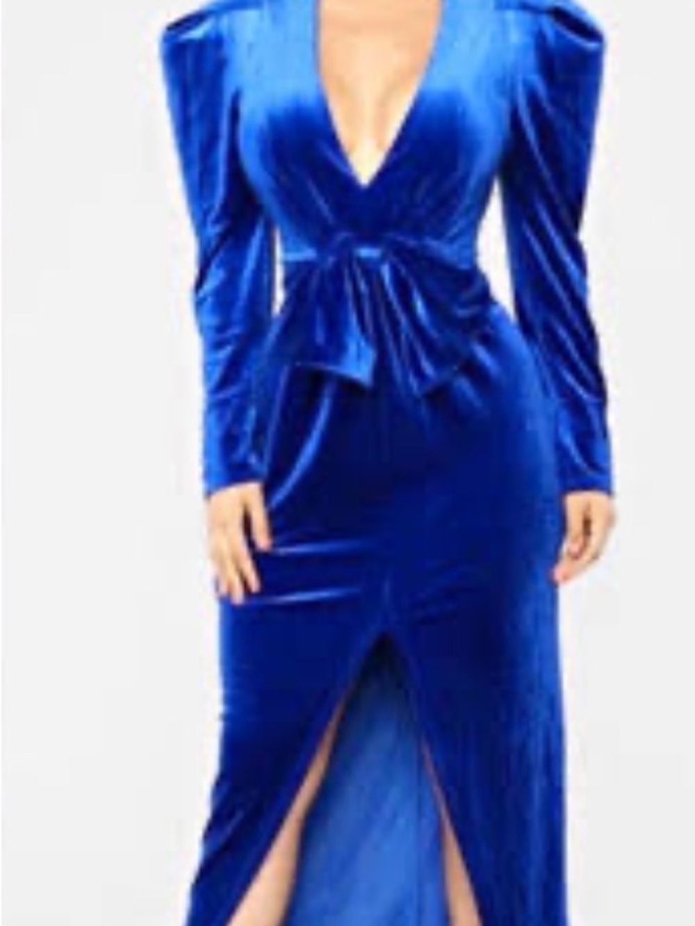 Fashion Nova Royal Blue Velvet V-Neck Maxi Dress with Waist Bow